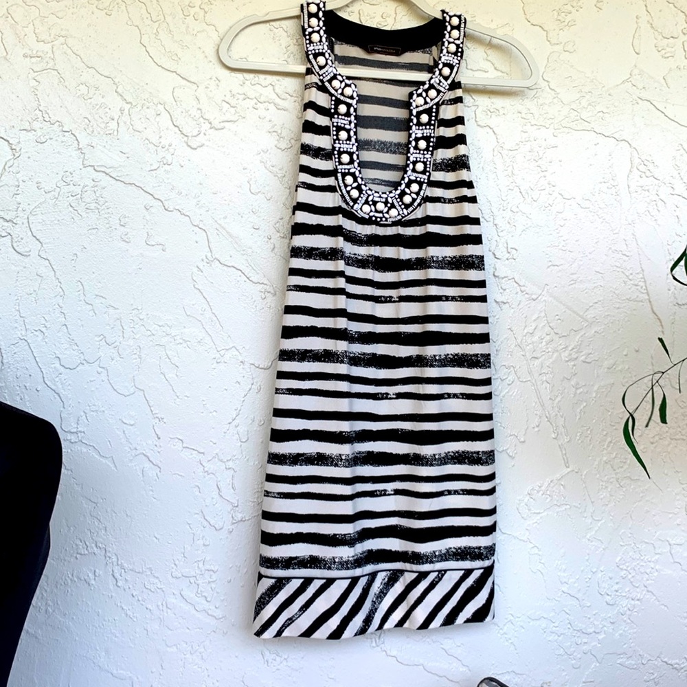 BCBGmaxazria b/w dress animal print/stripes.  Beautiful beaded neckline design.